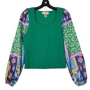 Bailey 44 Blouse Womens Medium Green Mixed Media Ribbed Knit Balloon Sleeve‎ Top